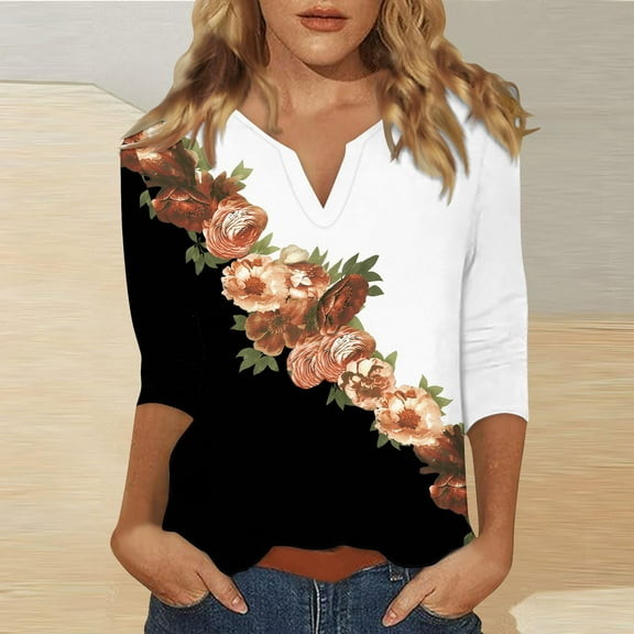 Orange Women's Long Sleeve T-shirt, 3/4 Sleeve Tops For Women Summer Notched V Neck Plain T Shirts Casual Cute Three Quarter Length Blouses,Women's Long sleeve T-shirt S