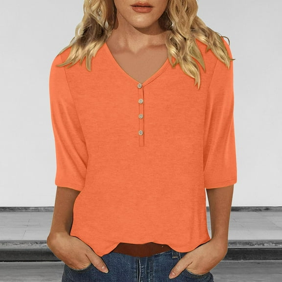 Orange Women's Long Sleeve T-shirt, Women'S Casual 3/4 Sleeve T Shirts 2025 V Neck Tunic Tops Cute Tees Blouses Loose Fit Business Work Tee Top,Women's Long sleeve T-shirt XXL