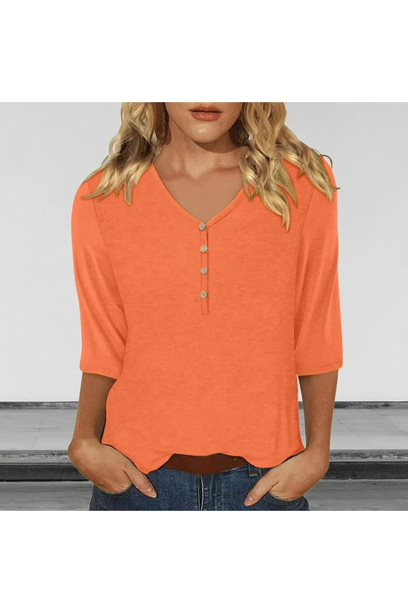 Orange Women's Long Sleeve T-shirt, Women'S Casual 3/4 Sleeve T Shirts 2025 V Neck Tunic Tops Cute Tees Blouses Loose Fit Business Work Tee Top,Women's Long sleeve T-shirt XXL