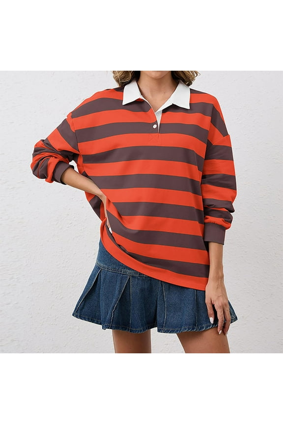 Orange Women's Long Sleeve T-shirt, Women'S Oversized Striped Sweatshirt Long Sleeve Rugby Collared Pullover Tops Loose Fit Shirt,Women's Long sleeve T-shirt M
