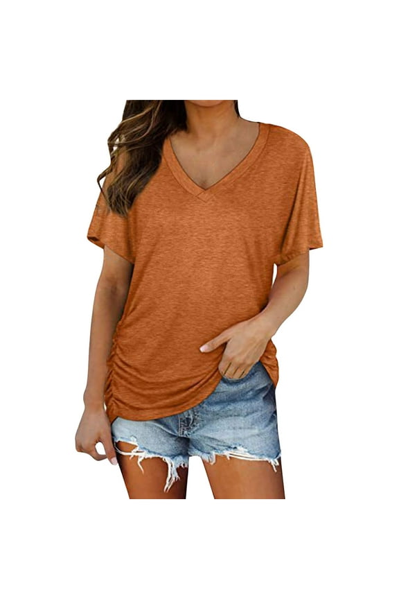 V Neck T Shirts for Women Short Sleeves Plain Color Soft Loose Fitting Summer Short Sleeve Shirts for Women Orange