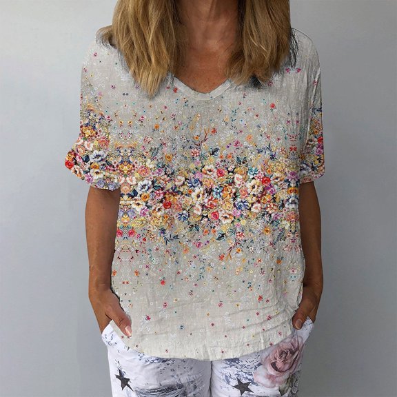 Orange Women's Short Sleeve T-shirt, Women Cotton And Linen Flower Art Short Sleeve V Neck Clause Shirt,Women's Short sleeve T-shirt S