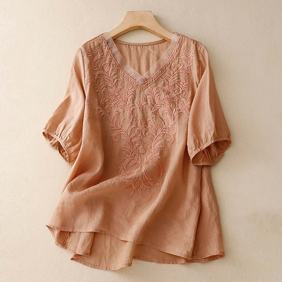 Orange Women's Short Sleeve T-shirt, Women'S Embroidered Blouse Cotton Linen Puff Short Sleeve Crew Neck Boho Top Summer Casual Loose Fit T Shirts,Women's Short sleeve T-shirt M