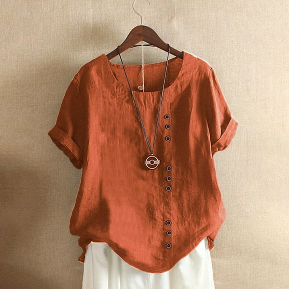Orange Women's Short Sleeve T-shirt, Women'S Solid Color Round Neck Raglan Sleeve Hem Slit Loose Short Sleeve Button Decoration Casual Tops T Shirt,Women's Short sleeve T-shirt M