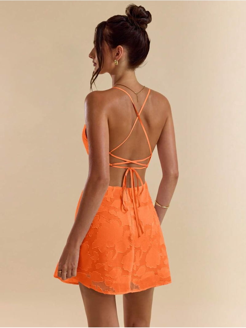 backless cross-back dress Orange Womens Mini With Tie Straps, Textured A-Line Fit For Party Or Date Night Size:US size 12