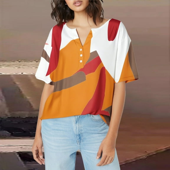 Orange Womens Blouses Women's Fashion Casual Floral Print Button Down Short Sleeve Top T Shirt Ladies Tops and Blouses