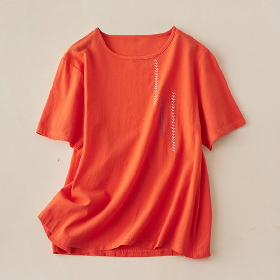 Orange Womens Blouses Women's Literary Retro Short Sleeve Embroidered Cotton Round Neck Summer New Loose Pullover Top Short Sleeve T Shirt Ladies Tops and Blouses