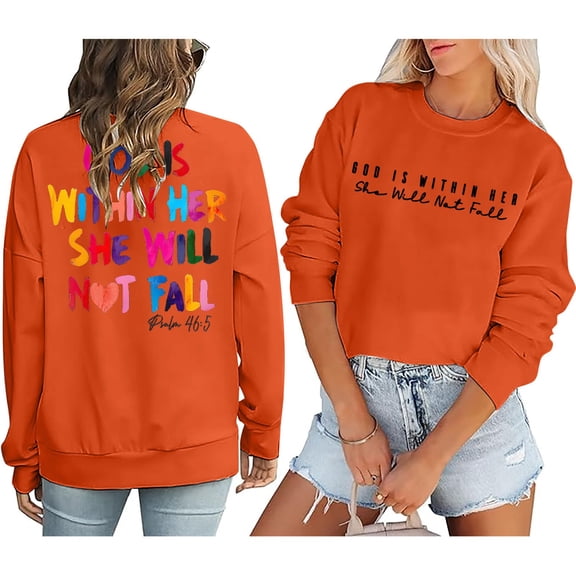 Orange Womens Fall Tops Sweatshirt Women Verse Pullover God Is Within Her Long Sleeve Inspirational Blouse Top Sweaters for Women