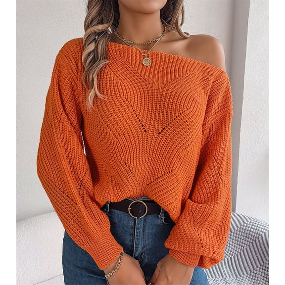 Orange Womens Fall Tops Women's Solid Color Casual Cut Out One Line Neck Off Shoulder Long Sleeve Pullover Sweaters for Women