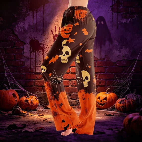 Orange Womens Halloween Pants Wide Leg Halloween Sleepwear Home Wear XL