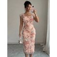 thumbnail image 1 of Orange Womens Romantic Floral Mesh Ruched Midi Dress With Square Neck And Short Puff Sleeves, 1 of 6