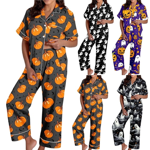 Orange Womens Silky Pajama Sets Satin Short Sleeve Long Pants Sleepwear Button Pjs Set M