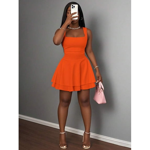 Orange Womens Square Neck Ruched Double Layer A-Line Mini Dress Casual Sweet Style