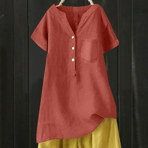 Orange Womens Tops Linen Blouse Summer Beach Short Sleeve V Neck Button Down Top Casual Tunic Loose Shirt 2025 Shirts for Women