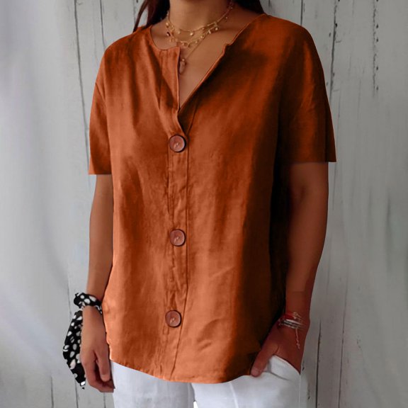 Orange Womens Tops Linen Shirts for Women Summer Cotton Linen V Neck Short Sleeve Tops Loose Vacation Beach Solid Blouses Tunic Tops Shirts for Women