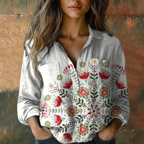 Orange Womens Tops Women Cotton Shirt Printed Fashion Button Down Shirts Casual Tops Long Sleeve Blouse Going Out Tops for Women