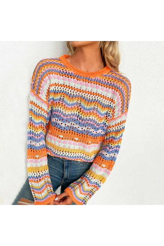 Orange Womens Tops Women Long Sleeve Crop Top Crochet Knit Color Block Pullover Tops Loose Patchwork Shirts Going Out Tops for Women