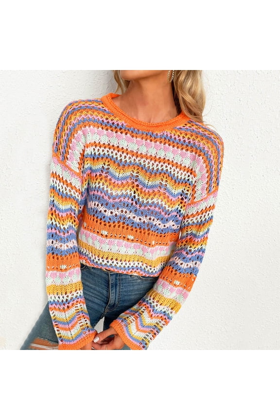 Orange Womens Tops Women Long Sleeve Crop Top Crochet Knit Color Block Pullover Tops Loose Patchwork Shirts Shirts for Women