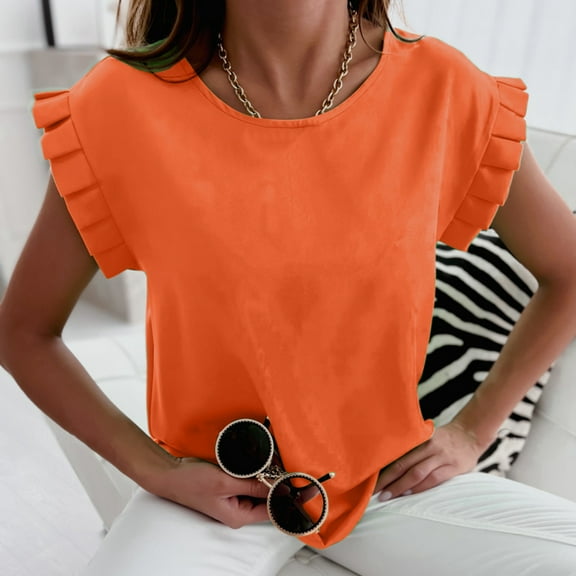 Orange Womens Tops Women Sleeveless Summer Tops Folds O Neck Slim Fit Work Athletic Shirts Casual Blouse Shirts for Women