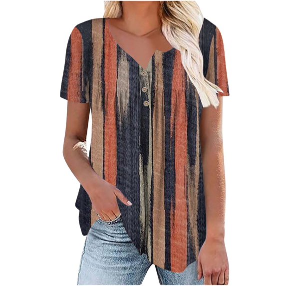 Orange Womens Tops Women's Fashionable and Casual Floral Print V Neck Wrinkled Short Sleeve Top T Shirt Shirts for Women