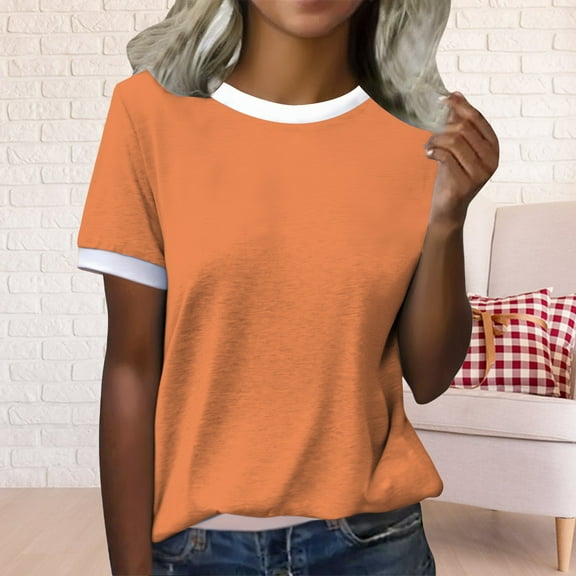 Orange Womens Tops Women's Spring Round Neck Color Blocked Loose Casual Short Sleeve T Shirt Shirts for Women