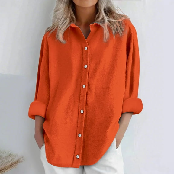 Orange Womens Blouses Womens Daily Casual Linen Shirts Long Sleeve Shirts Tops Casual Blouses Loose Fit Shirt Ladies Tops and Blouses