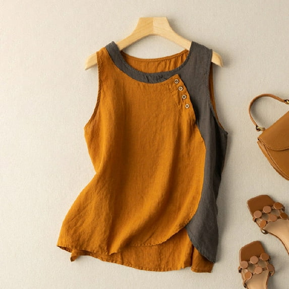 Orange Womens Tops Womens Sleeveless Button Down Shirt Cotton Linen Loose Fit Casual Color Block Summer Tank Tops Plus Size Crew Neck Tees Shirts for Women