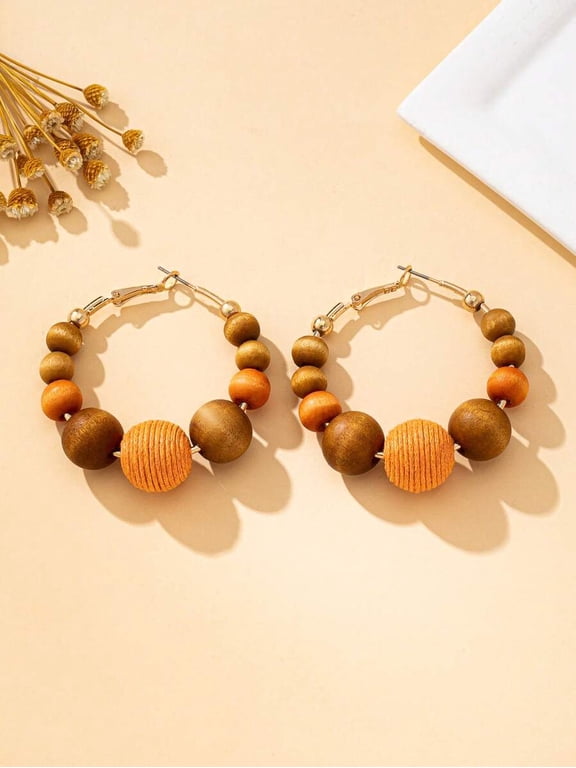Orange Wooden Bead Hoop Earrings With Rope Accent, Bohemian Style, 1 Pair,Orange