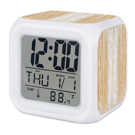 Orange Wooden Digital Alarm Clock for Bedrooms, Smart LED Alarm Clock with 7 Color Changing Night Light, Farmhouse Brown Vintage Distressed Silent Wake Up Clocks for Sleep Study Cooking 3.2"x3.2"
