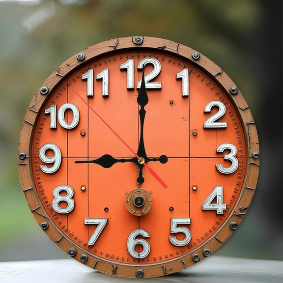 Orange Wooden Frame Wall Clock Large Number Retro Design 10-Inch Silent Wooden Wall Clock, Battery Operated (AA Batteries Not Included), Artistic Home Decor