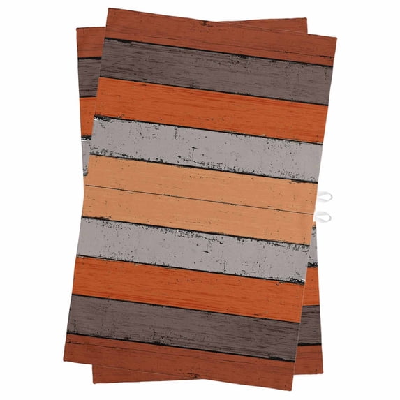 Orange Wooden Kitchen Towels Set of 2, Water Absorbent Dish Towel, Grey Stripe Gradient Country Rustic Grain Decorative Hand Towels - Quick Drying Cloth for Cooking Baking, 18x28 Inch