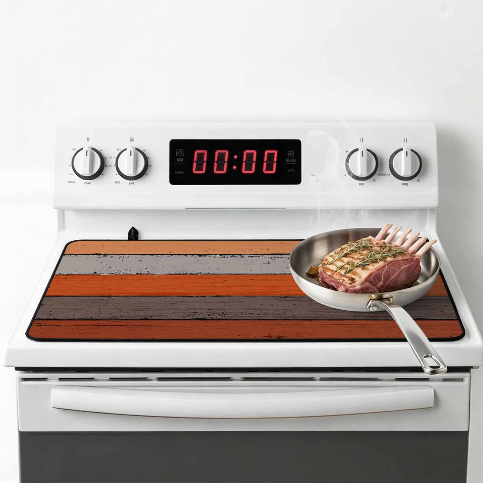 Orange Wooden Stove Top Cover for Electric Stove, Heat-proof & Non Slip Glass Top Stove Cover Protector, Grey Stripe Gradient Country Rustic Grain Kitchen Flat Cooktop Rubber Mat 24x21 Inches