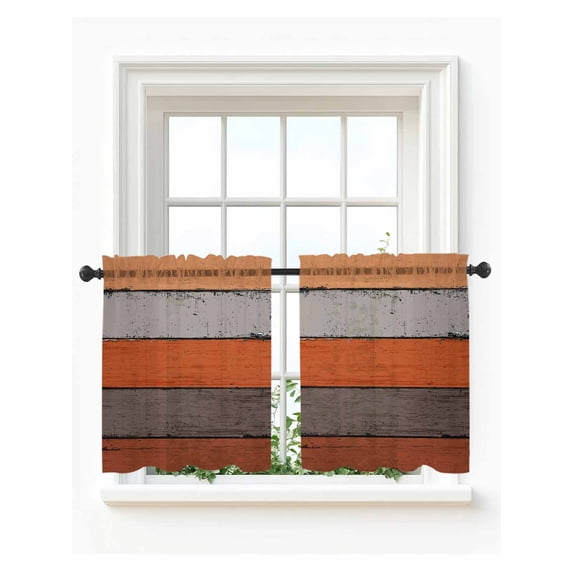 Orange Wooden Tier Curtains 36 Inch Length,Sheer Curtains for Bedroom Living Room Window Grey Stripe Gradient Country Rustic Grain Small Half Window Kitchen Curtains & Drapes 27.5"x36" 2 Panels
