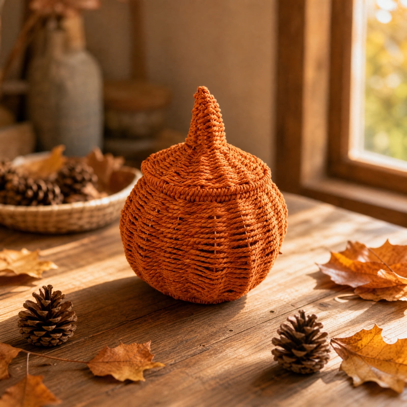 Orange Woven Pumpkin Storage Basket with Lid, Fall Decorative