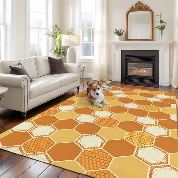 Orange Yellow Area Rug 5x8 FT, Non Slip Bedroom Throw Carpet, Farmhouse Abstract Geometric Hexagon Art Washable Soft Floor Carpet Non-Shedding Rug for Living Room Nursery Dorm Office