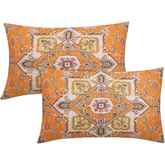 Orange Yellow Aztec Vintage Bohemian Lumbar Pillow Covers 12X20 Inch Muted Boho Flower Rug Print Oriental Carpet Pillow Cases Set of 2 Antique Rustic Farmhouse Throw Pillows For Cushion Couch Outdoor