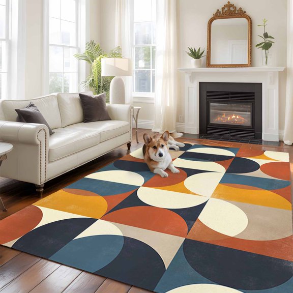 Orange Yellow Black 5x7 Area Rugs for Living Room, Nordic Retro Medieval Geometric Abstract Non Slip Floor Mat Washable Low-Profile Indoor Carpet for Bedroom, Dining Room, Bathroom