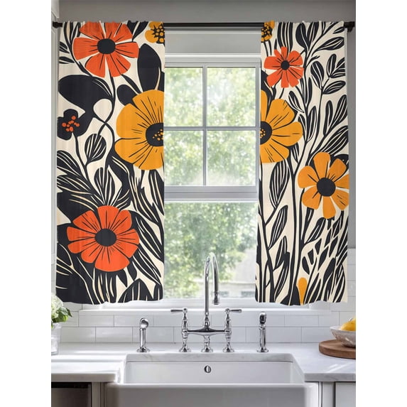 Orange Yellow Black Botanical Sheer Curtains for Living Room Bedroom Elegant Leaf Tropical Sheer Curtains 63 Inch Long 2 Panels Set Light Filtering Curtain Window Treatments Drapes for Dining Room