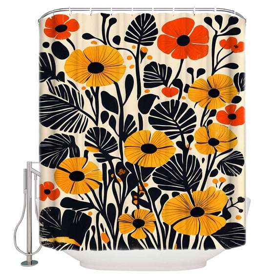 Orange Yellow Black Botanical Shower Curtains for Bathroom Waterproof Fabric Bath Curtains Decor Bath Tub Curtain Tropical Summer Wildflower Decorative Shower Curtain Sets with 12 Hooks, 72x72 Inch