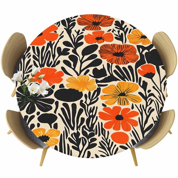 Orange Yellow Black Round Tablecloth 36-44 Inch Round Fitted Table Cloth with Elastic Edge, Botanical Tropical Leaf Summer Waterproof Table Cover Protector for Outdoor Picnic Party Dining