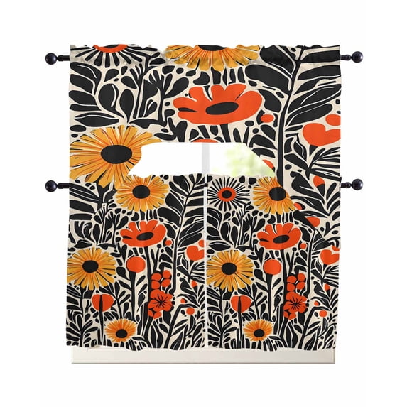 Orange Yellow Black Swag Curtains for Living Room/Bedroom Windows, Summer Leaf Botanical Tropical Kitchen Curtains and Valances Set 36 Inch Length, Light Filtering Swags Valance Curtain Panels
