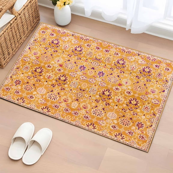 Orange Yellow Boho Bathroom Rug Washable 2x3 Entryway Rug Non Slip Vintage Shabby Abstract Geometric Art Front Door Mat Low Pile Indoor Doormat Throw Floor Carpet for Kitchen Bedroom Entrance