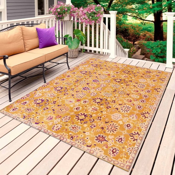 Orange Yellow Boho Outdoor Rug 4x6 Ft, Non Slip Washable Area Rug, Vintage Shabby Abstract Geometric Art Patio Rugs Carpet Runner, Large Floor Mat for Indoor/Outdoor Deck Porch Camping