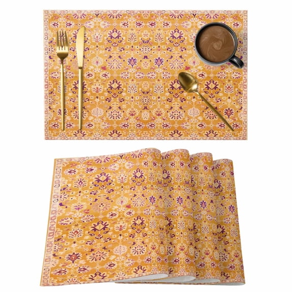 Orange Yellow Boho Placemats Set of 8 Vintage Shabby Abstract Geometric Art Place Mats Indoor Wipeable Table Mats Washable Cloth Dining Table Placemats for Kitchen Holiday Party Home Decor 13x19 Inch