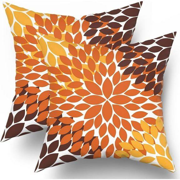 Orange Yellow Borwn Pillow Covers 20X20 Inch Dahlia Floral Geometric Decorative Pillow Cases Set of 2 Fall Flower Geometry Thanksgiving Autumn Throw Pillows Home Decor For Sofa Bedroom Living Room