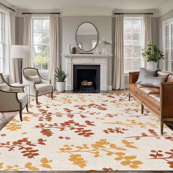 Orange Yellow Botanical Area Rugs 8'x10', Small Throw Rugs for Living Room Patio, Rustic Country Spring Floral Summer Leaf Indoor Outdoor Rug Non-Slip Low Pile Carpet Runner Reversible Floor Mats