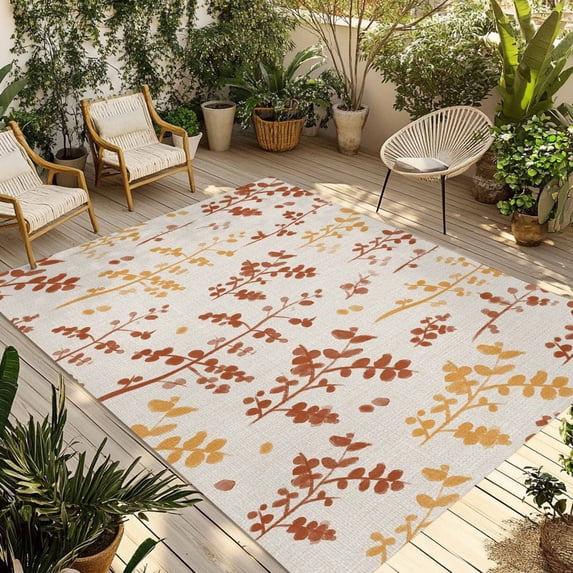 Orange Yellow Botanical Outdoor Rug for Patio/Deck/Porch, Non-Slip Large Area Rug 4 x 6 Ft, Rustic Country Spring Floral Summer Leaf Indoor Outdoor Rugs Washable Area Rugs, Camping Rug Carpet Runner