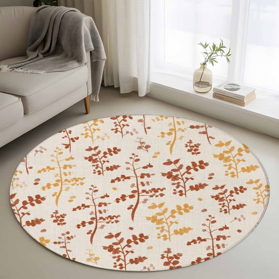 Orange Yellow Botanical Round Area Rug 3Ft Washable Small Circle Rugs for Kitchen Entryway, Rustic Country Spring Floral Summer Leaf Non-Slip Carpet Floor Mats Indoor Outdoor Carpet Runner Home Decor