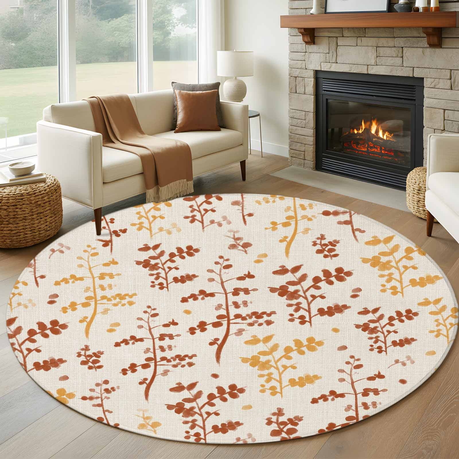 Orange Yellow Botanical Round Area Rug 6Ft Washable Circle Rugs for Bathroom Office, Rustic Country Spring Floral Summer Leaf Non-Slip Carpet Floor Mats Indoor Outdoor Carpet Runner Home Decor