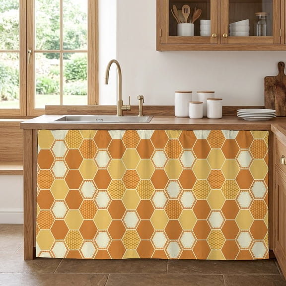 Orange Yellow Cabinet Curtain 28"Wx51"L,Dustproof Storage Cabinet Curtain with Self Adhesive Tape,Farmhouse Abstract Geometric Hexagon Art Tall Pantry Cover Drape for Kitchen,Utility Closet
